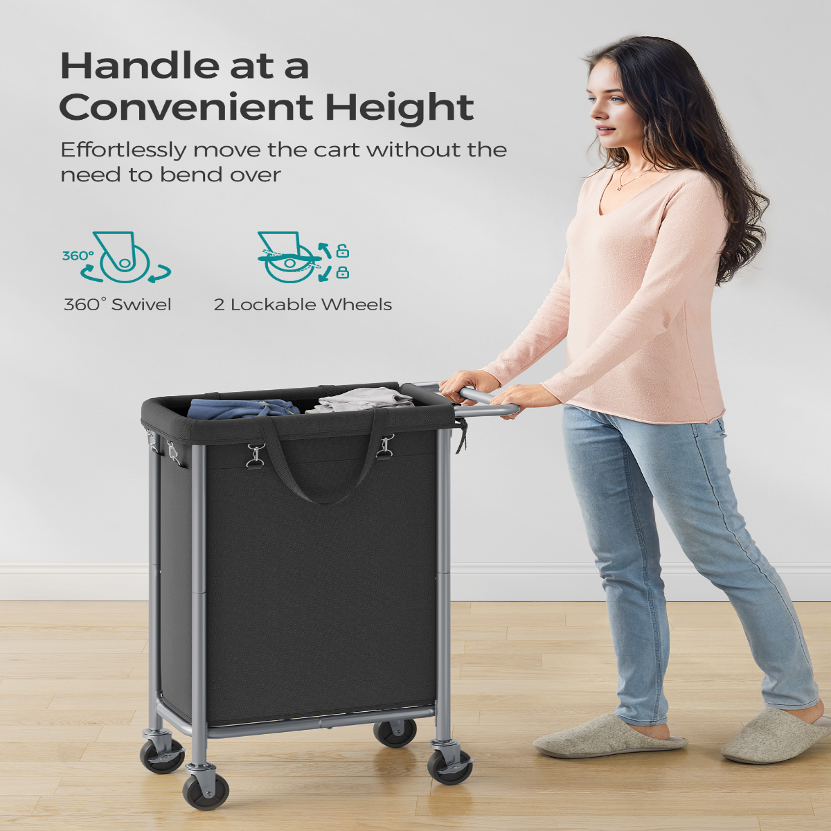 Lasa Rolling Laundry Hamper With Wheels, Single Compartment - Removable Liner Washing Basket Trolley