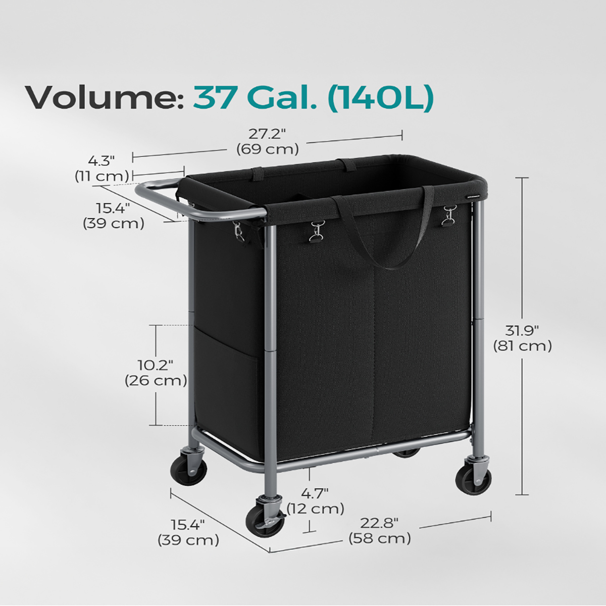 Lasa Rolling Laundry Hamper With Wheels, Dual-Compartment Sorter - Removable Liner Washing Basket Trolley