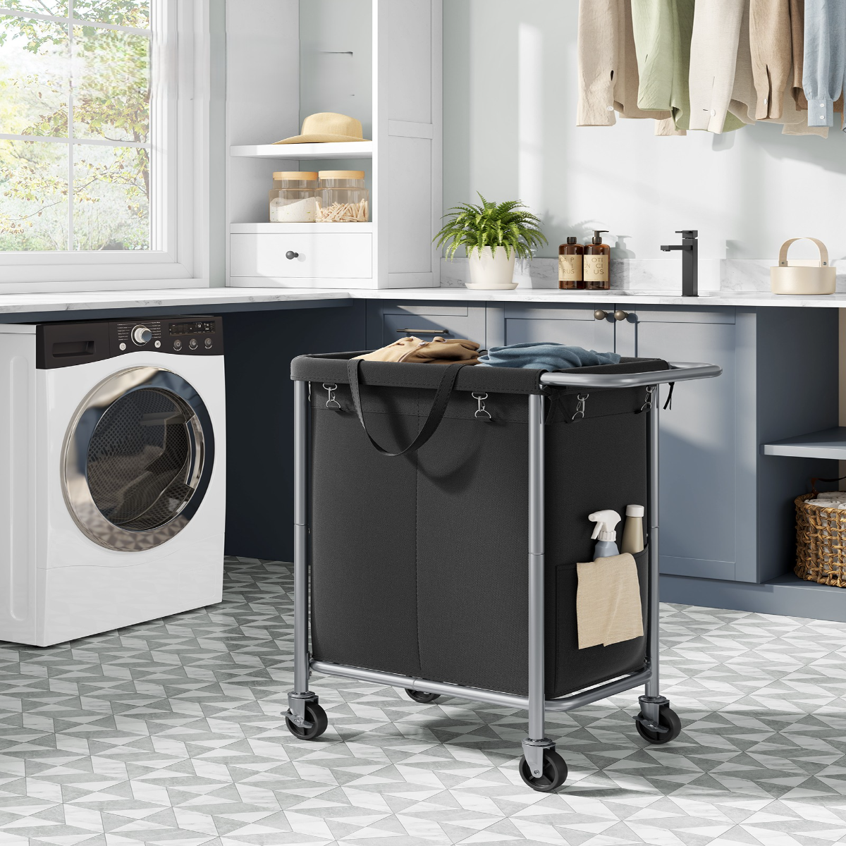 Lasa Rolling Laundry Hamper With Wheels, Dual-Compartment Sorter - Removable Liner Washing Basket Trolley