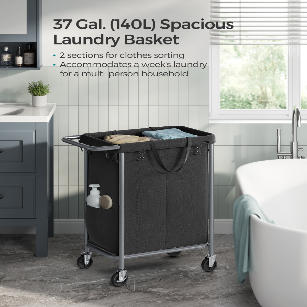 Lasa Rolling Laundry Hamper With Wheels, Dual-Compartment Sorter - Removable Liner Washing Basket Trolley