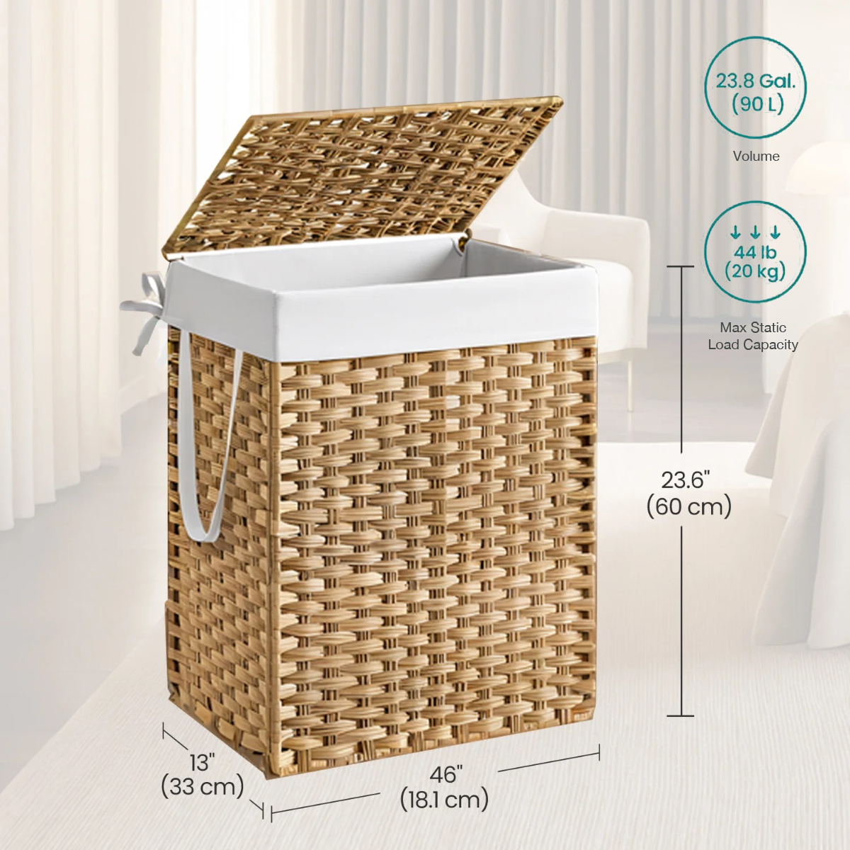 Lasa 90L Laundry Hamper with Lid, Natural Rattan - Removable Liner for Bathroom or Bedroom
