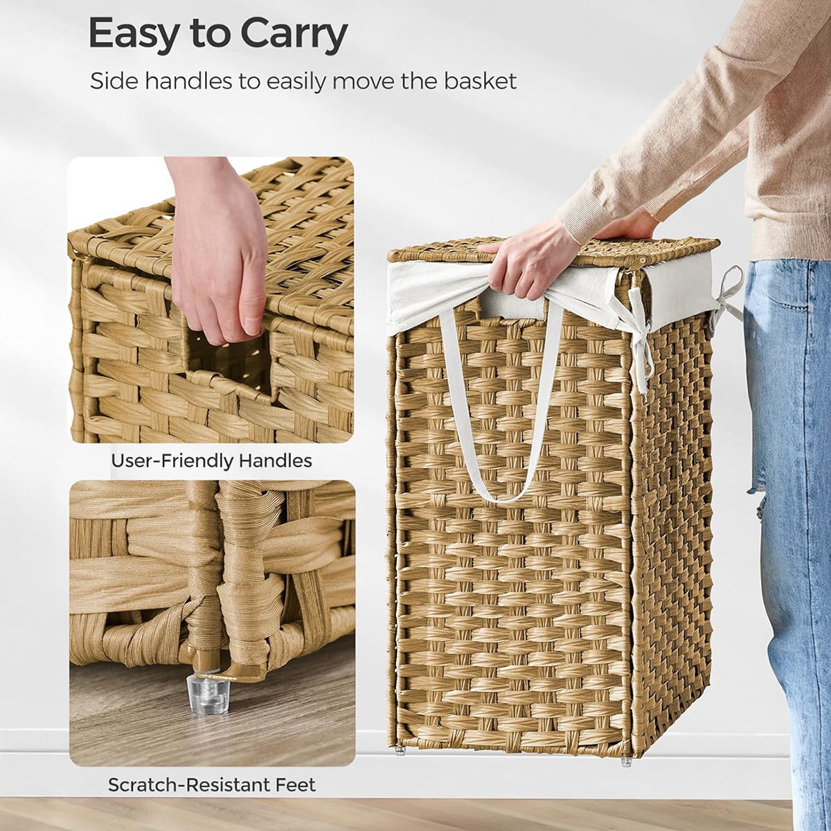 Lasa 90L Laundry Hamper with Lid, Natural Rattan - Removable Liner for Bathroom or Bedroom