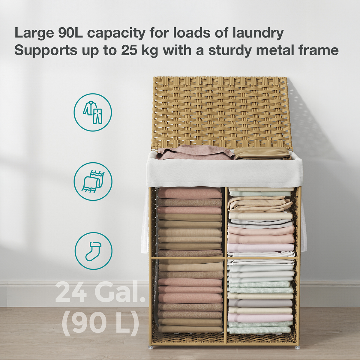 Lasa 90L Laundry Hamper with Lid, Natural Rattan - Removable Liner for Bathroom or Bedroom
