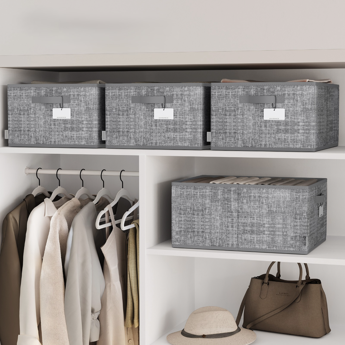 SONGMICS Foldable Storage Cubes with Handles, Set of 3, Grey - Non-Woven & PP Panel Bins