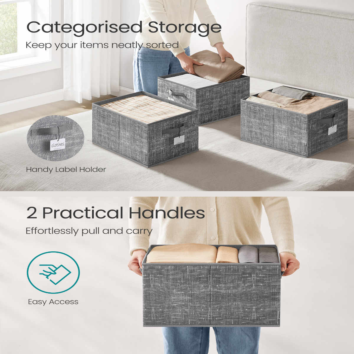 SONGMICS Foldable Storage Cubes with Handles, Set of 3, Grey - Non-Woven & PP Panel Bins