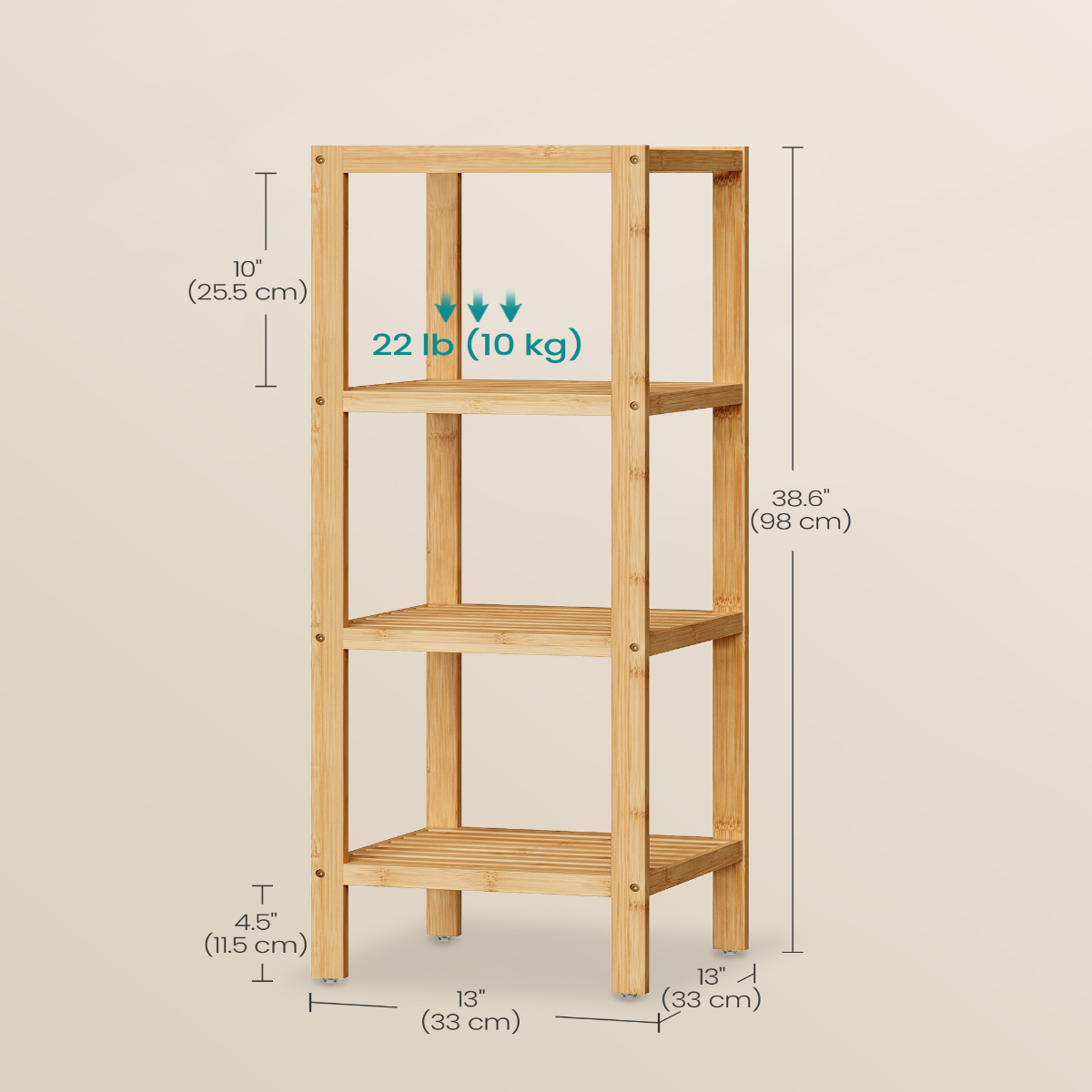 Lasa 4-Tier Bamboo Storage Shelf, 33 x 33 x 98cm - Slim Slatted Organiser for Bathroom, Kitchen & Balcony