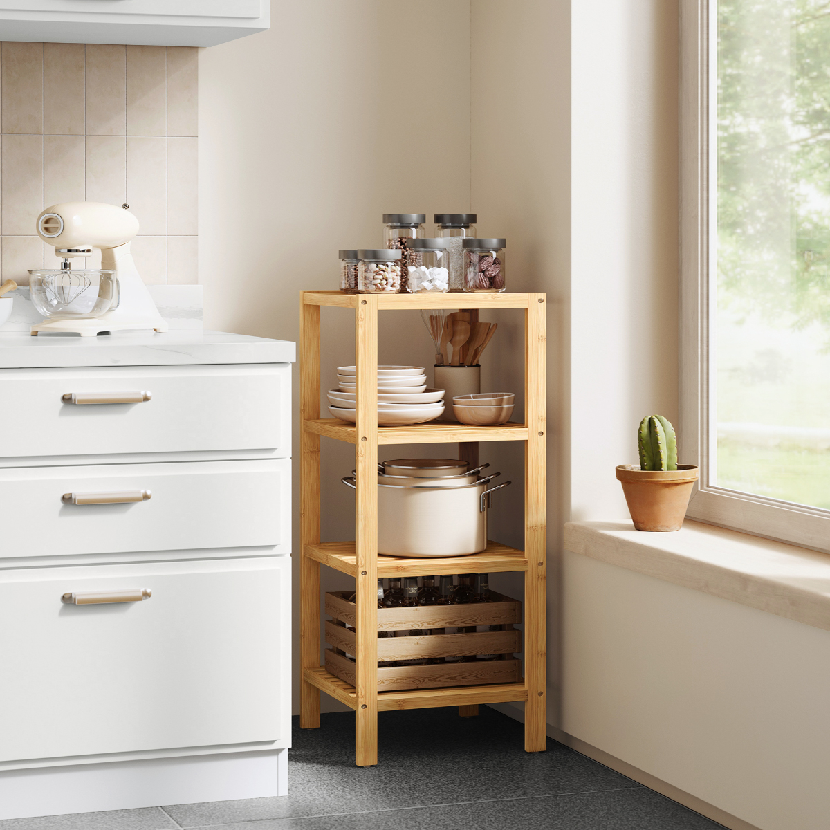 Lasa 4-Tier Bamboo Storage Shelf, 33 x 33 x 98cm - Slim Slatted Organiser for Bathroom, Kitchen & Balcony