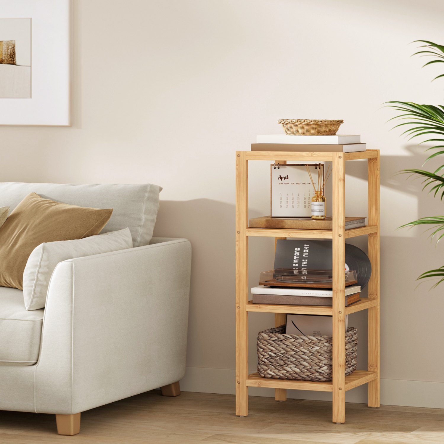 Lasa 4-Tier Bamboo Storage Shelf, 33 x 33 x 98cm - Slim Slatted Organiser for Bathroom, Kitchen & Balcony