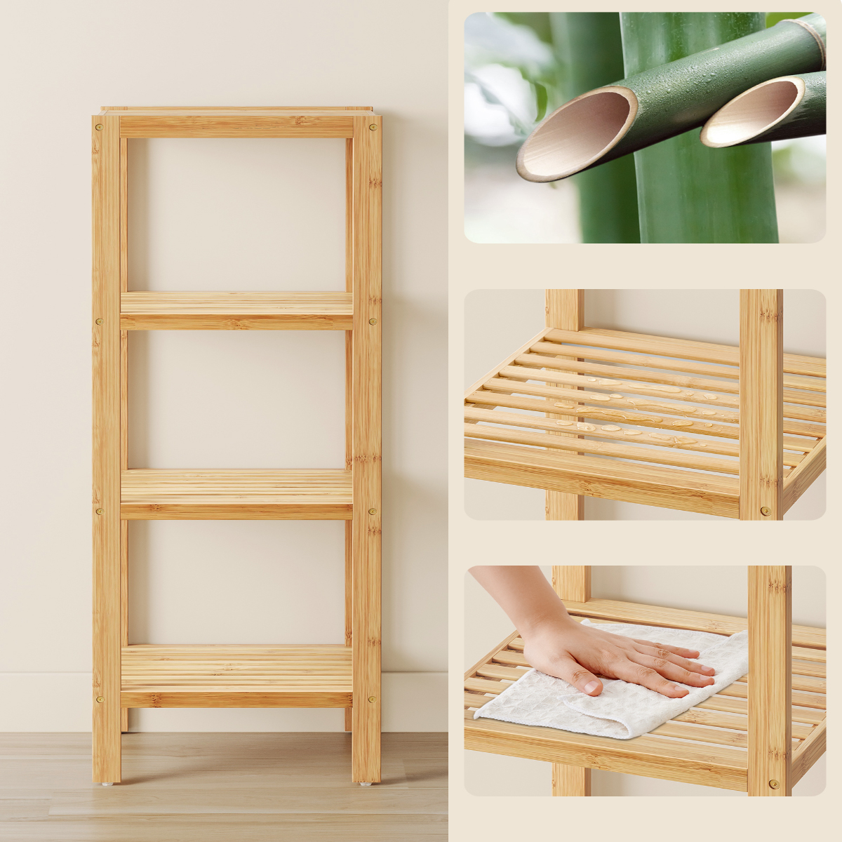 Lasa 4-Tier Bamboo Storage Shelf, 33 x 33 x 98cm - Slim Slatted Organiser for Bathroom, Kitchen & Balcony