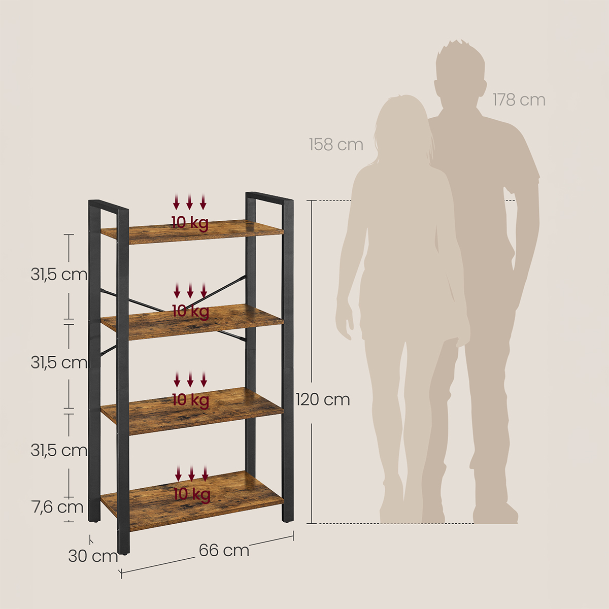 Lazava 4-Tier Industrial Bookcase, Rustic Brown & Black Steel - for Living Room, Office & Kitchen