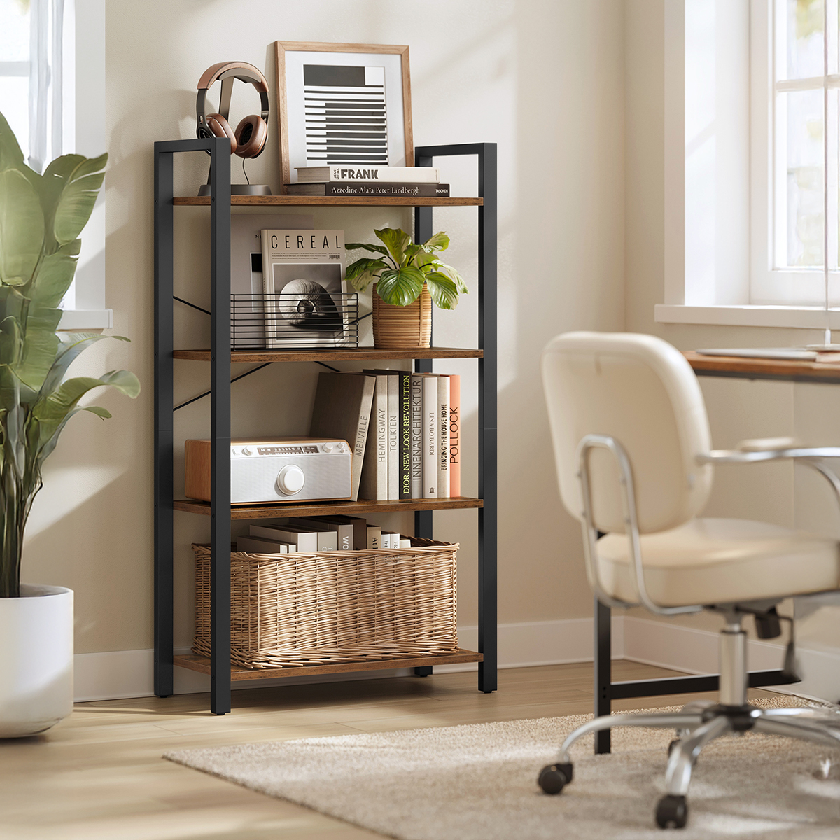 Lazava 4-Tier Industrial Bookcase, Rustic Brown & Black Steel - for Living Room, Office & Kitchen