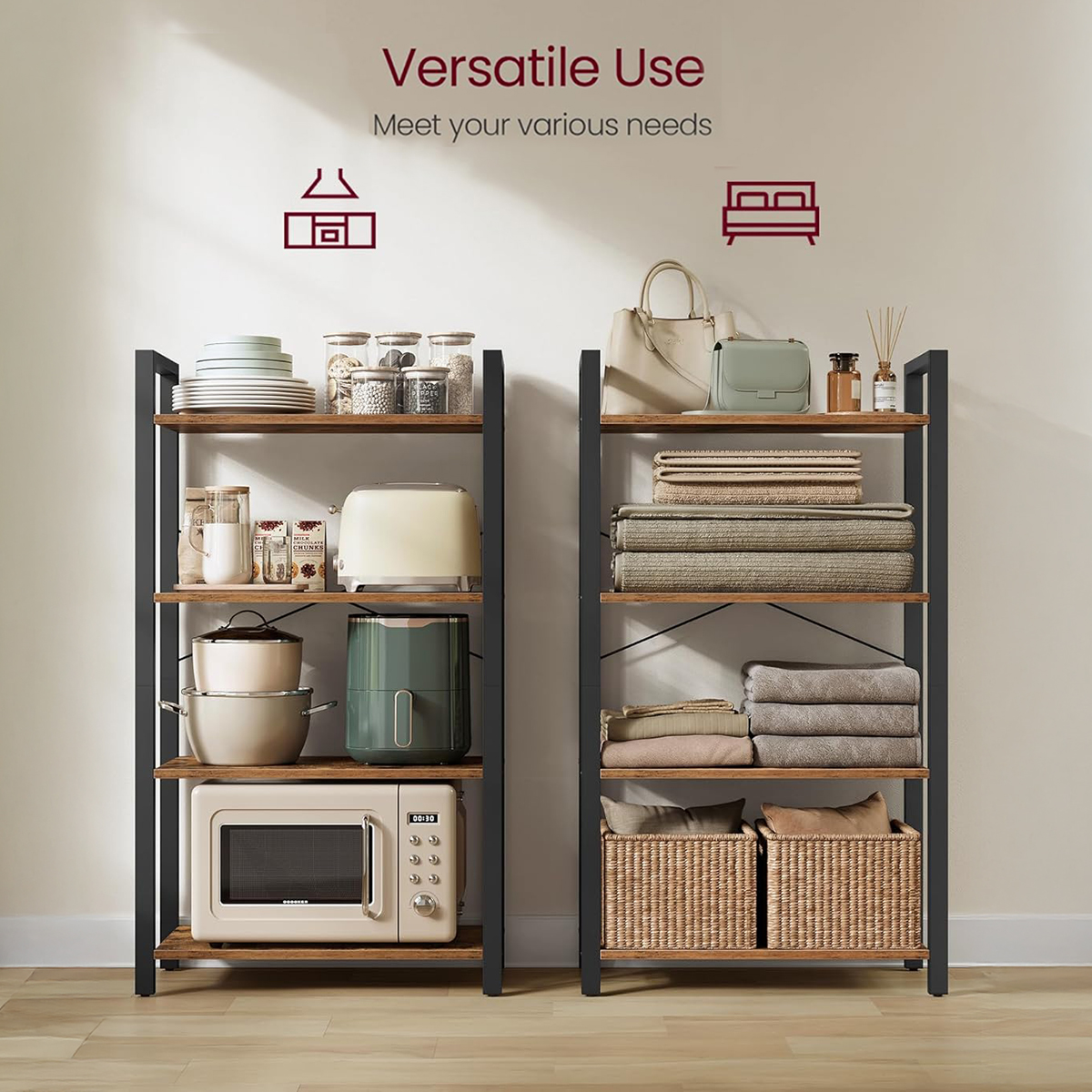 Lazava 4-Tier Industrial Bookcase, Rustic Brown & Black Steel - for Living Room, Office & Kitchen