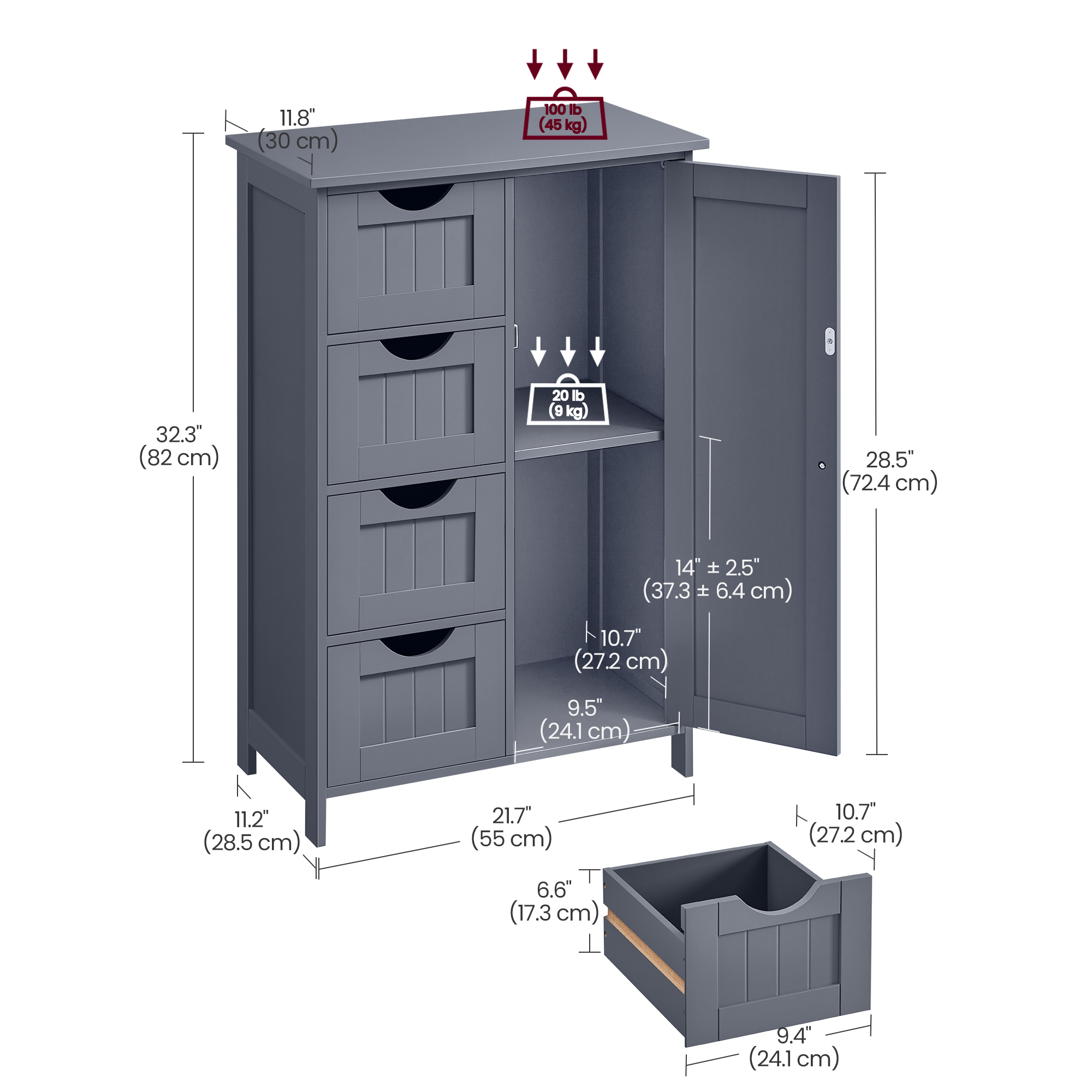 Lazava Slim Wooden Storage Cabinet with 4 Drawers, Grey - MDF Sideboard for Bathroom & Hallway