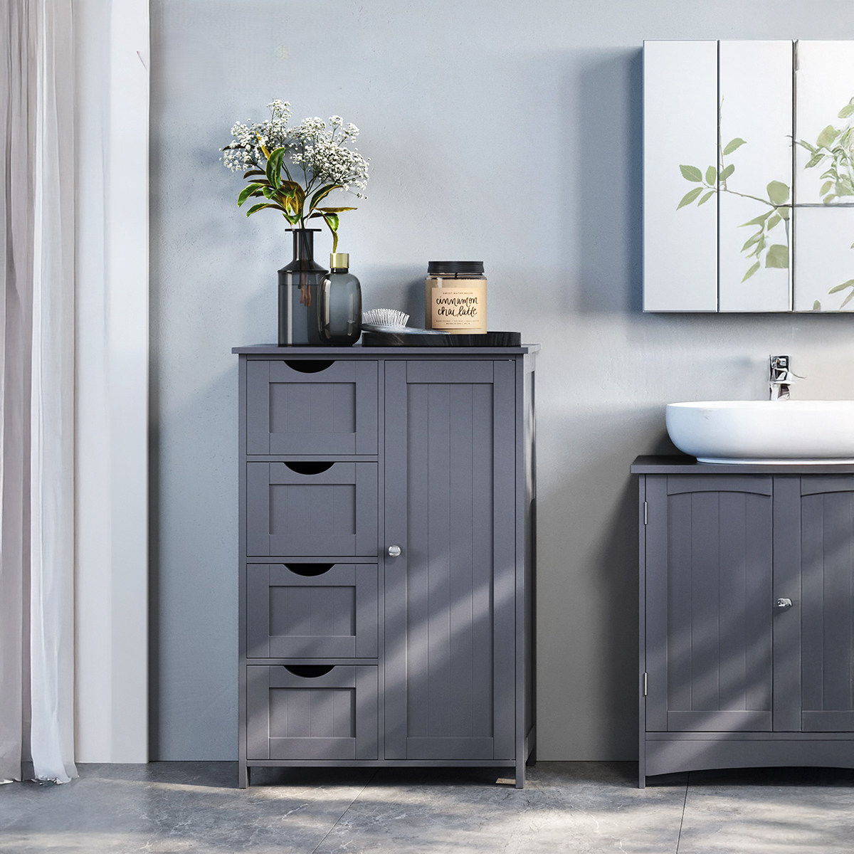 Lazava Slim Wooden Storage Cabinet with 4 Drawers, Grey - MDF Sideboard for Bathroom & Hallway