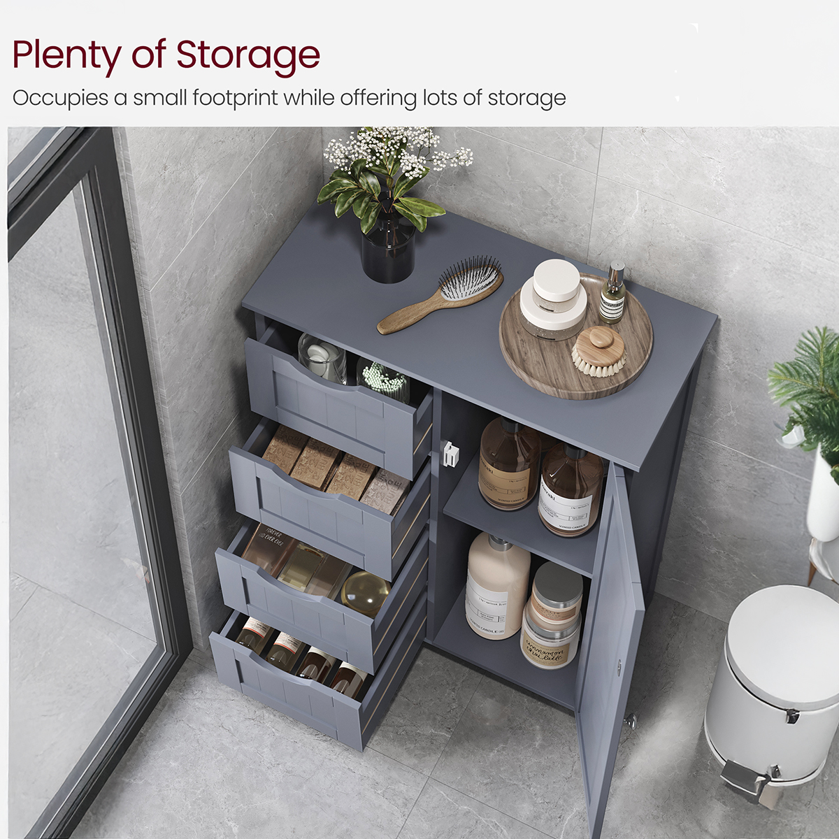 Lazava Slim Wooden Storage Cabinet with 4 Drawers, Grey - MDF Sideboard for Bathroom & Hallway