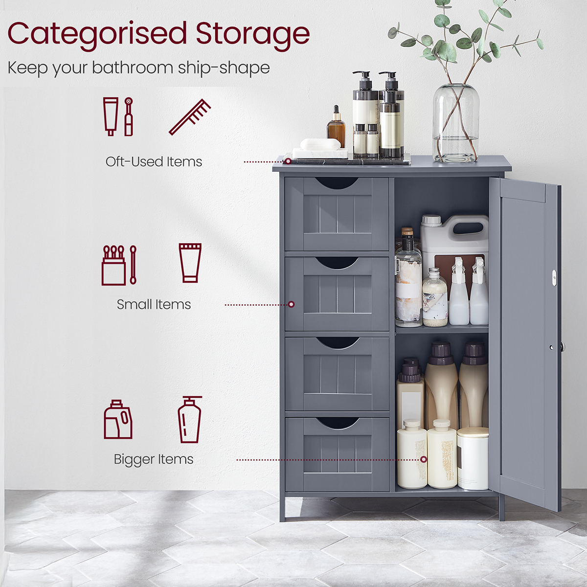 Lazava Slim Wooden Storage Cabinet with 4 Drawers, Grey - MDF Sideboard for Bathroom & Hallway