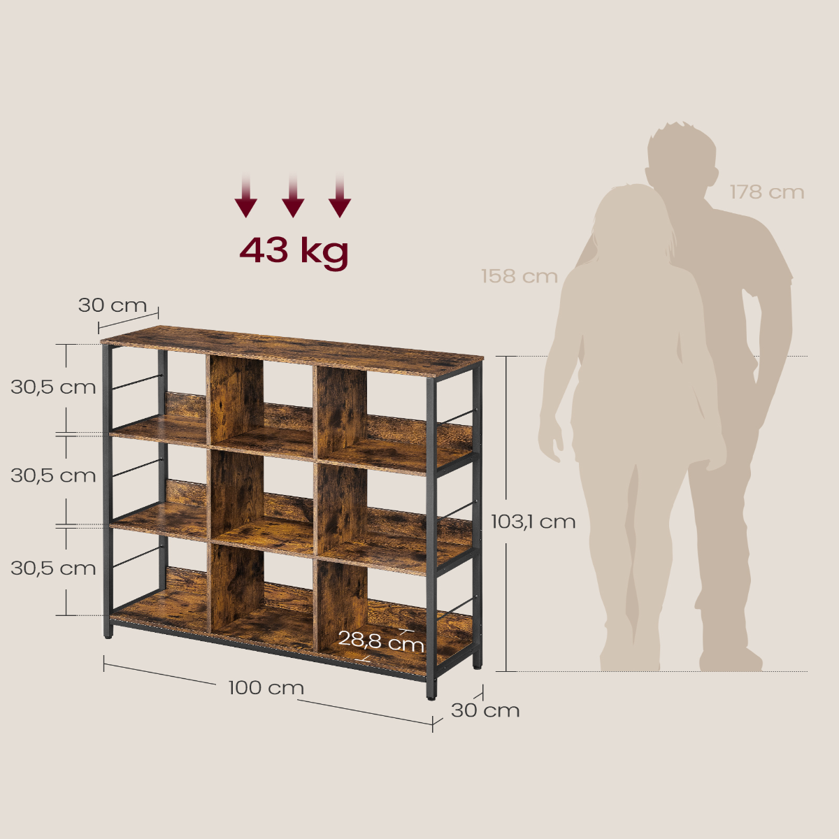 Lazava 9-Cube Industrial Display Shelf, Rustic Brown - Black Steel Frame, Open Storage