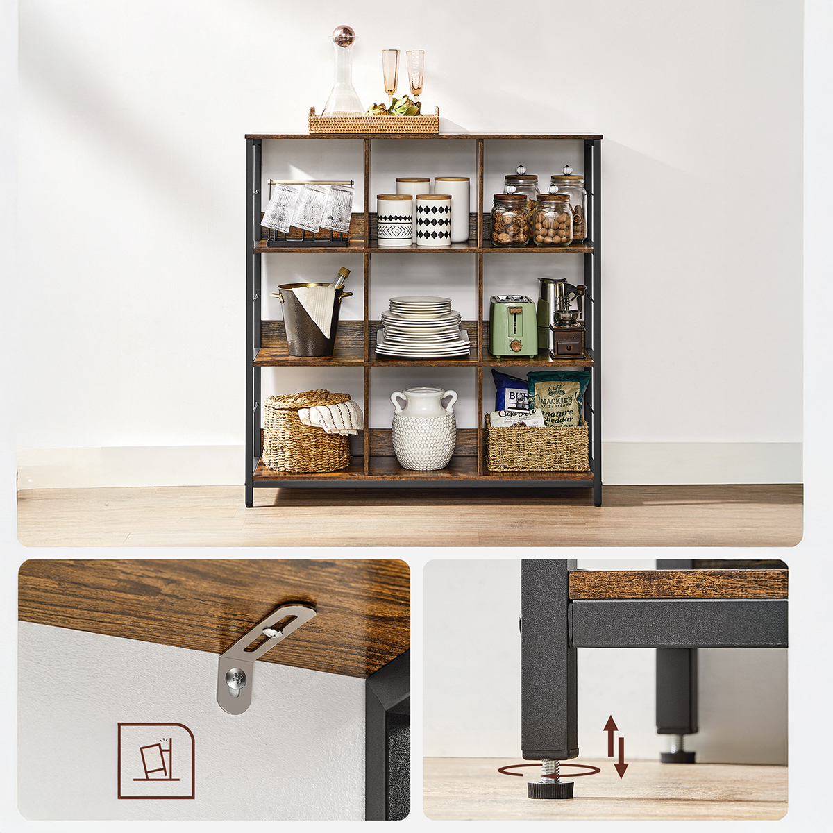 Lazava 9-Cube Industrial Display Shelf, Rustic Brown - Black Steel Frame, Open Storage