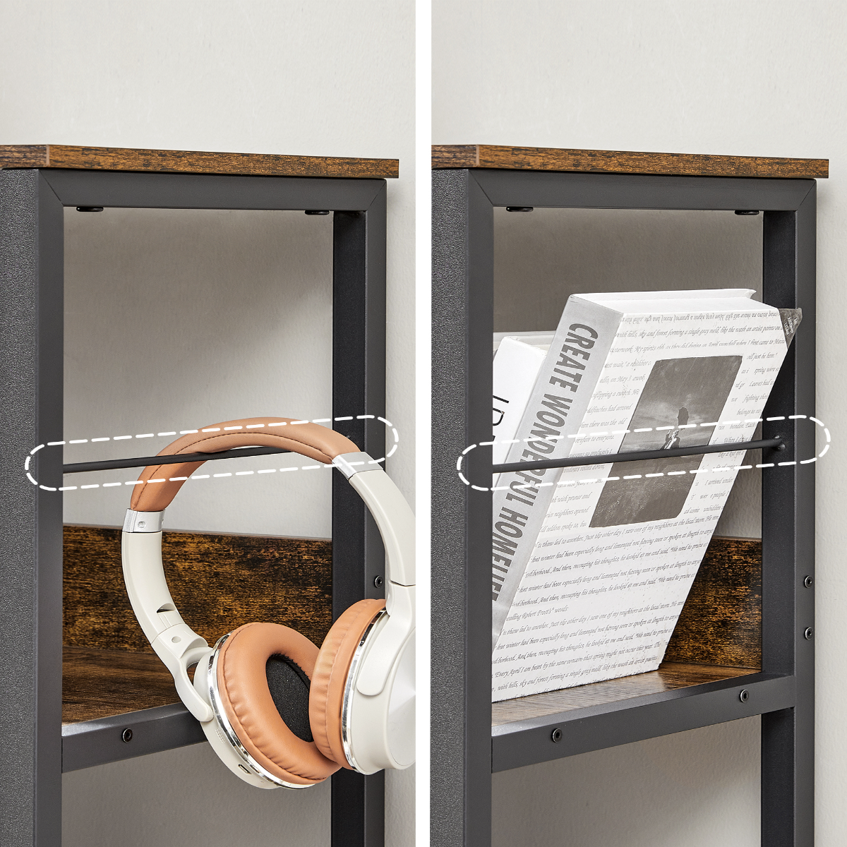 Lazava 9-Cube Industrial Display Shelf, Rustic Brown - Black Steel Frame, Open Storage