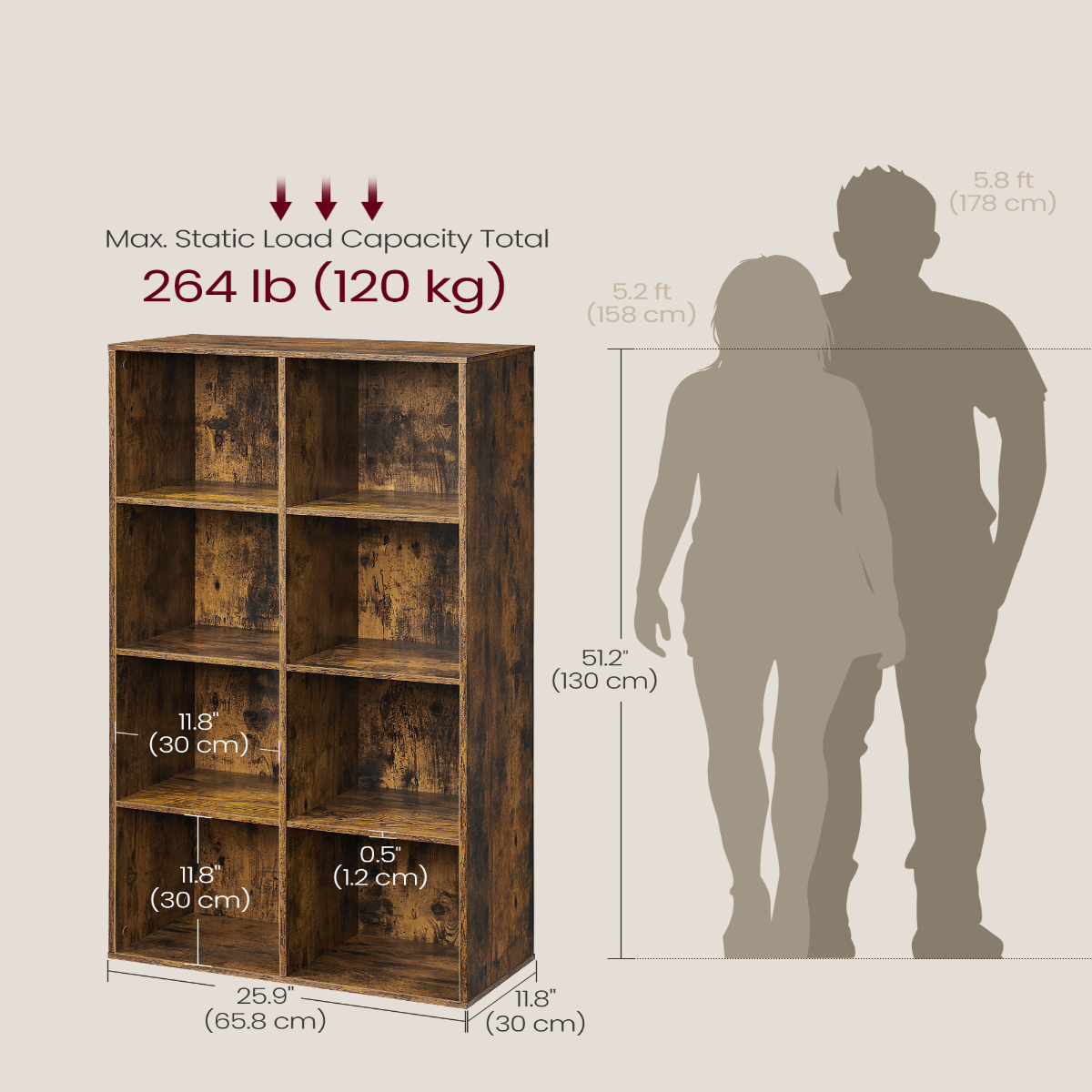 Lazava 8-Cube Bookcase, Rustic Brown - Freestanding Wood-Look Shelf for Books, Décor & Boxes