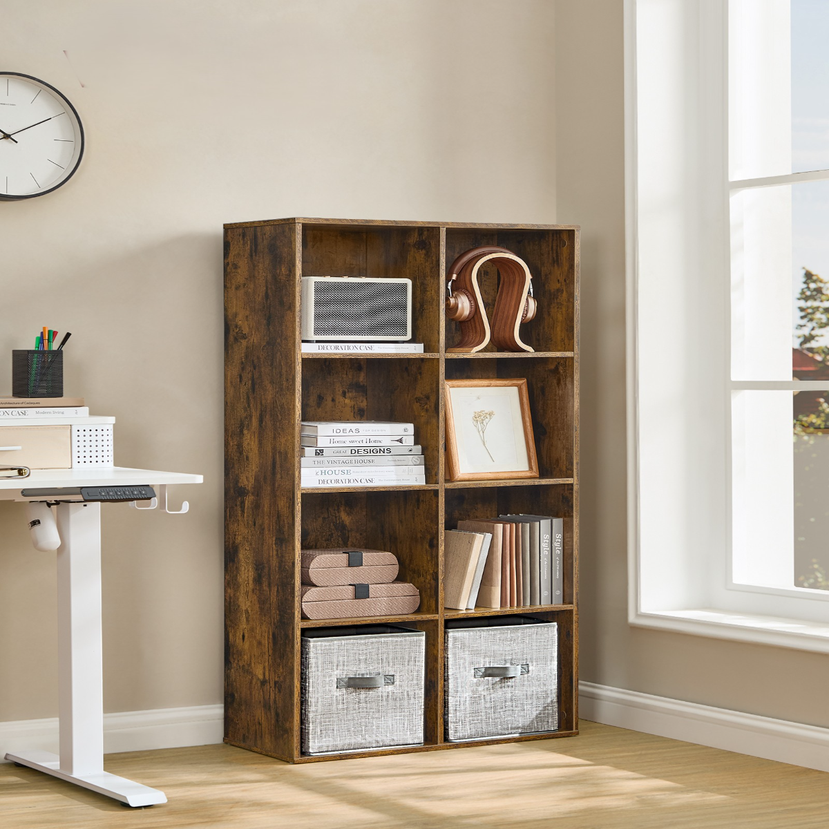 Lazava 8-Cube Bookcase, Rustic Brown - Freestanding Wood-Look Shelf for Books, Décor & Boxes