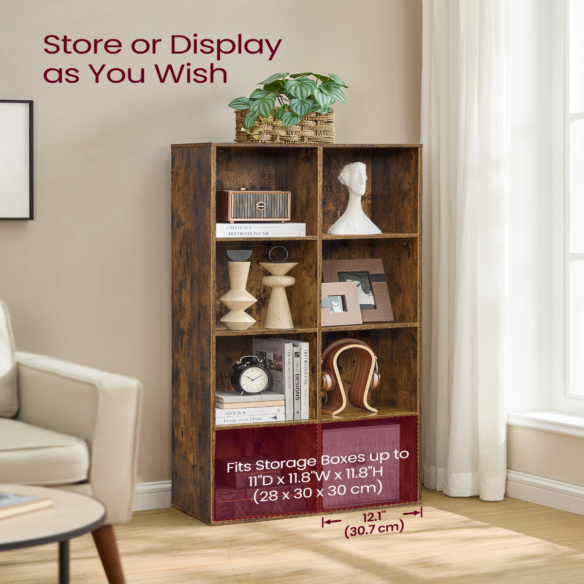 Lazava 8-Cube Bookcase, Rustic Brown - Freestanding Wood-Look Shelf for Books, Décor & Boxes