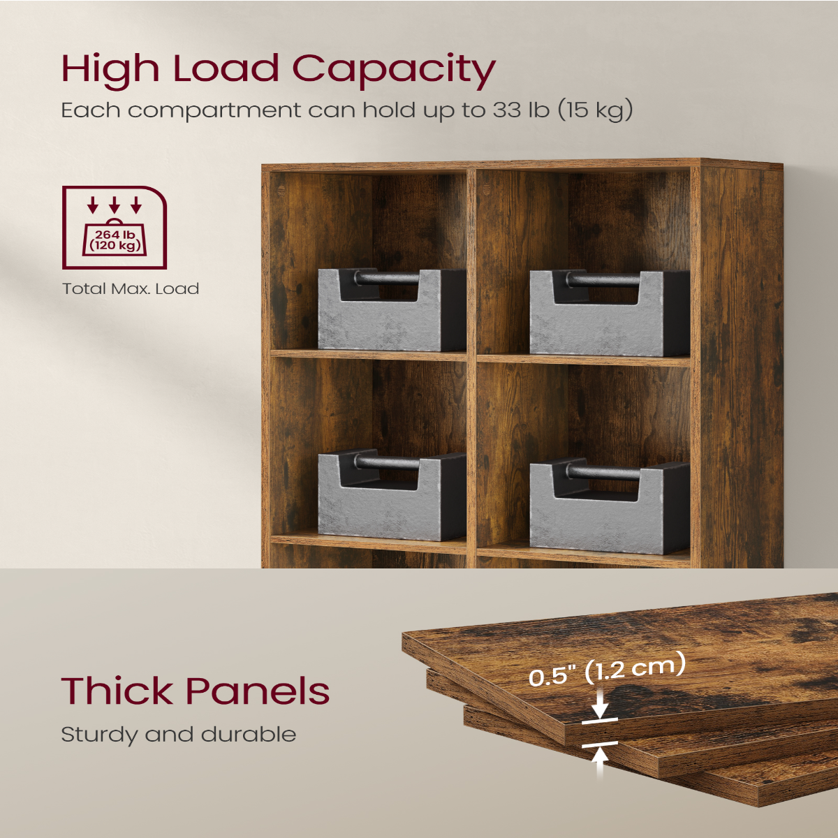 Lazava 8-Cube Bookcase, Rustic Brown - Freestanding Wood-Look Shelf for Books, Décor & Boxes