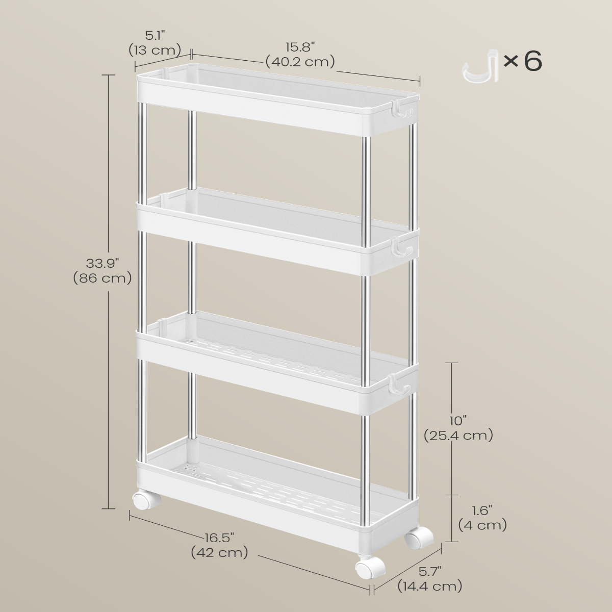 Lazava 4-Tier Slim Rolling Storage Cart, White - Steel Frame with Baskets for Narrow Gaps