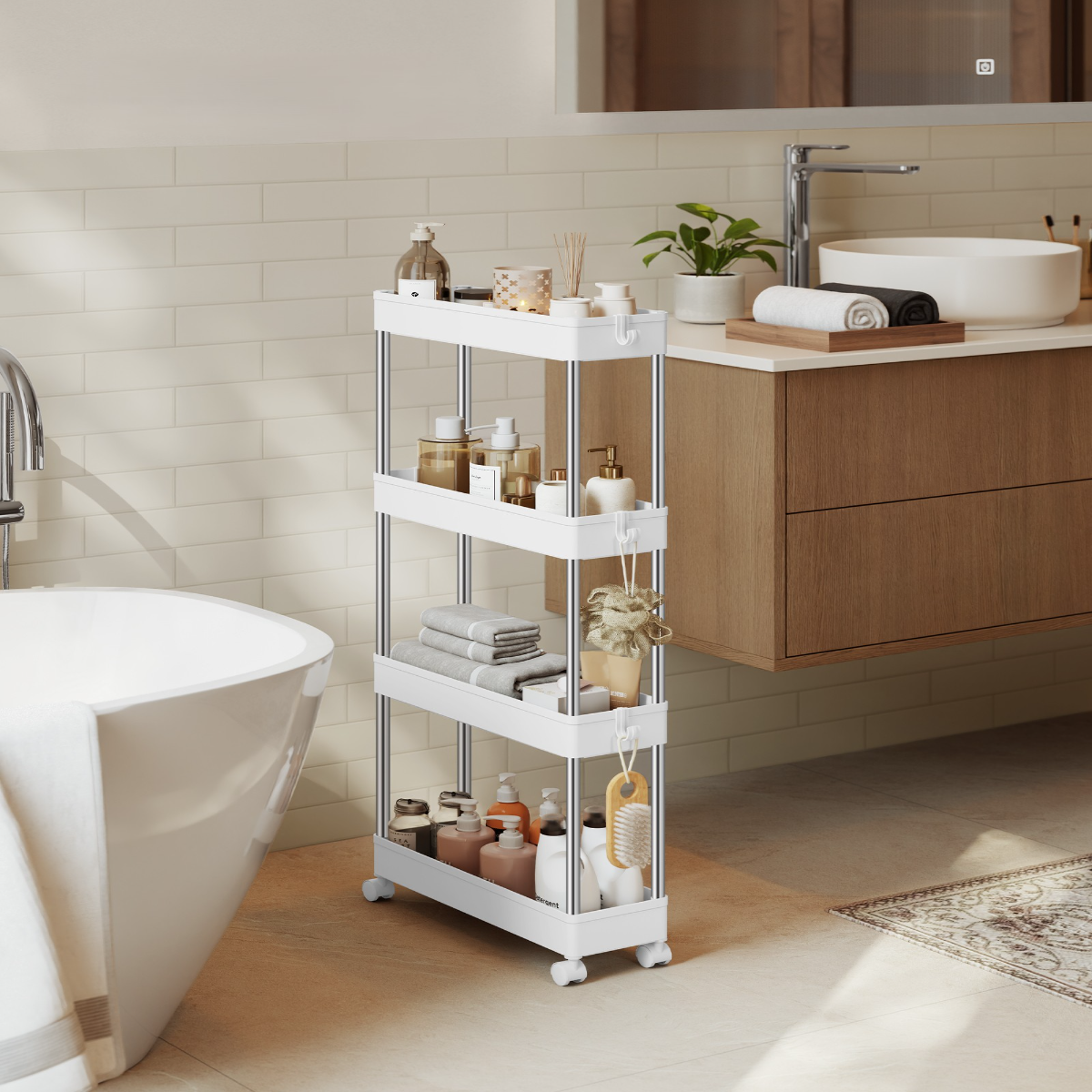 Lazava 4-Tier Slim Rolling Storage Cart, White - Steel Frame with Baskets for Narrow Gaps