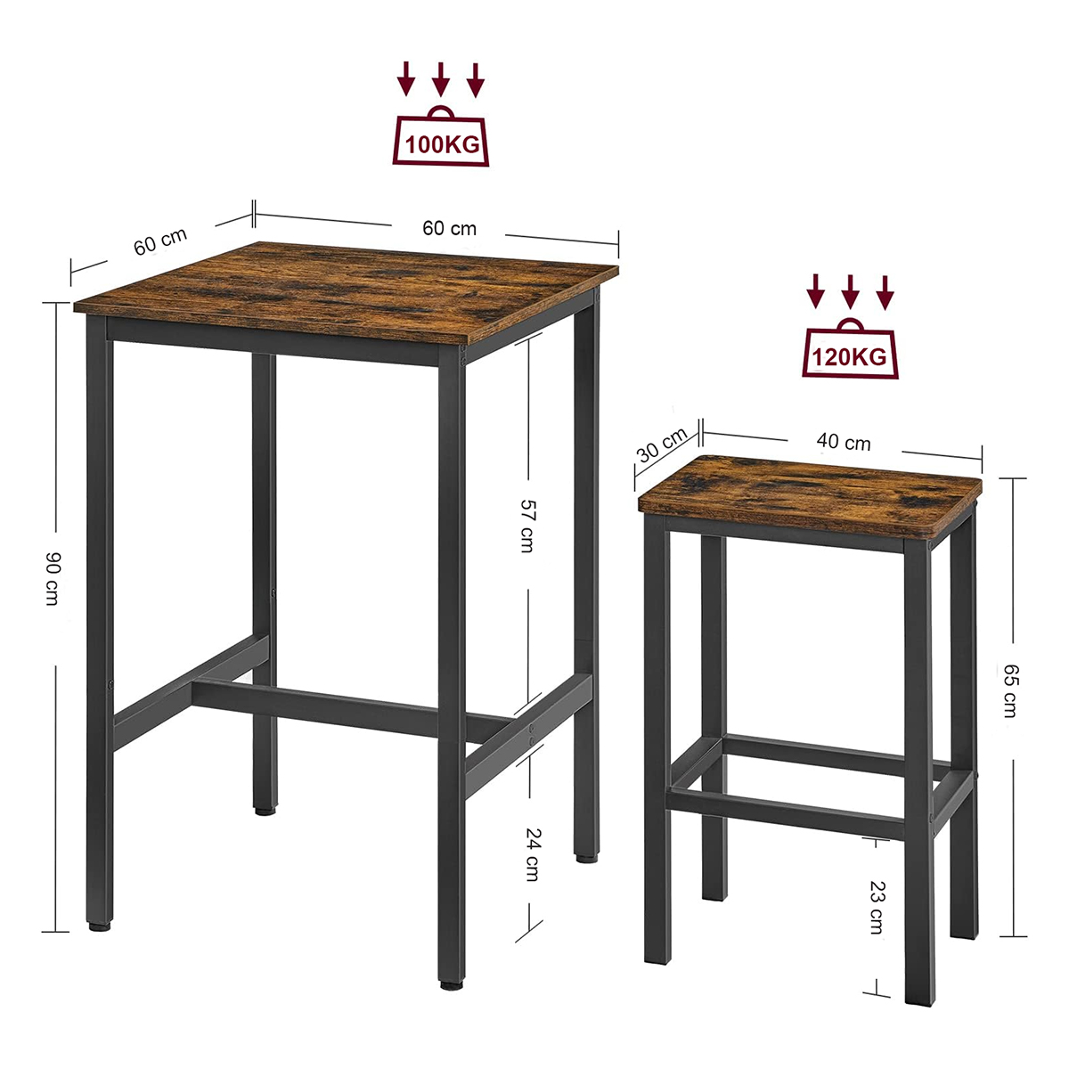 Lazava Square Bar Table & 2 Stools Set, Rustic Brown - Space-Saving Industrial Dining Set