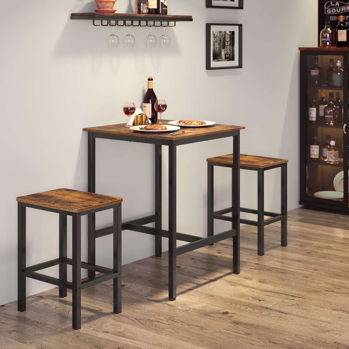 Lazava Square Bar Table & 2 Stools Set, Rustic Brown - Space-Saving Industrial Dining Set