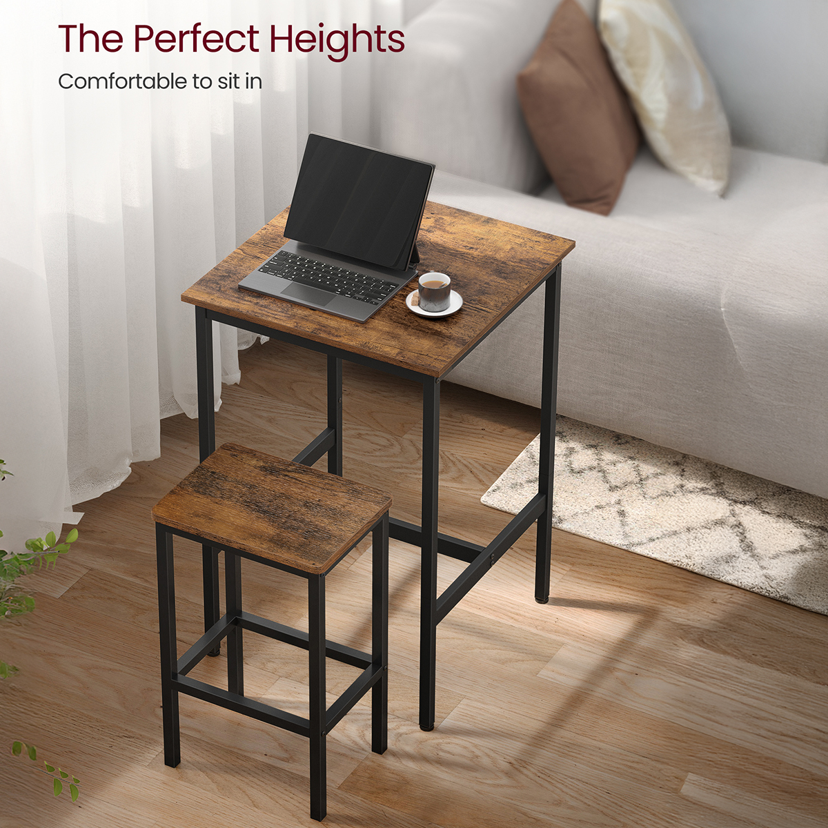 Lazava Square Bar Table & 2 Stools Set, Rustic Brown - Space-Saving Industrial Dining Set