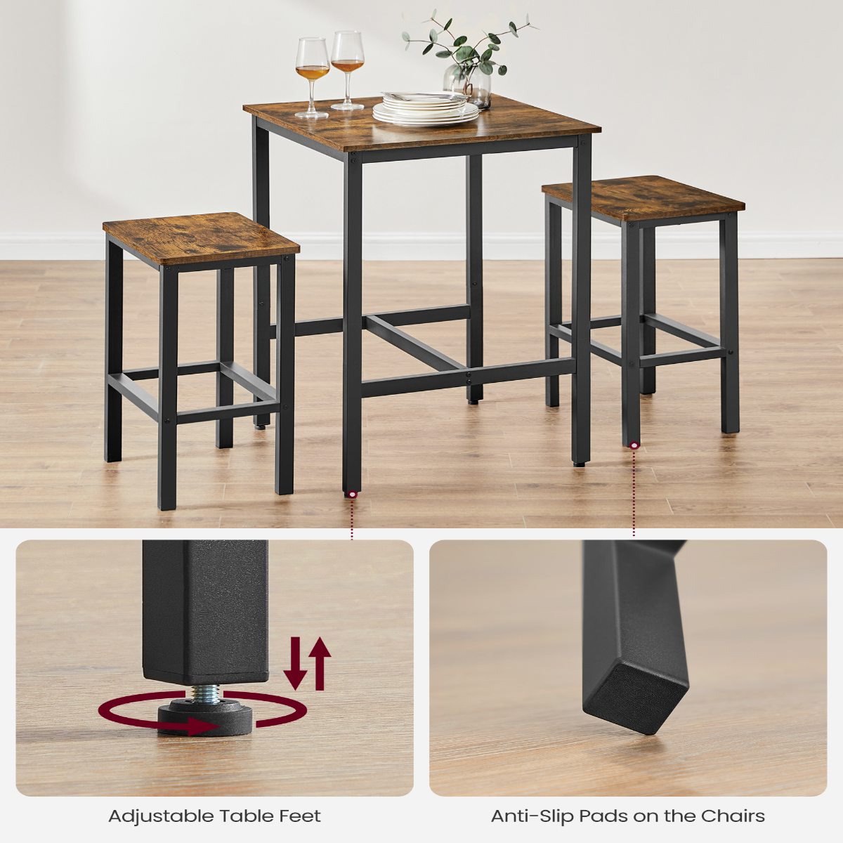 Lazava Square Bar Table & 2 Stools Set, Rustic Brown - Space-Saving Industrial Dining Set