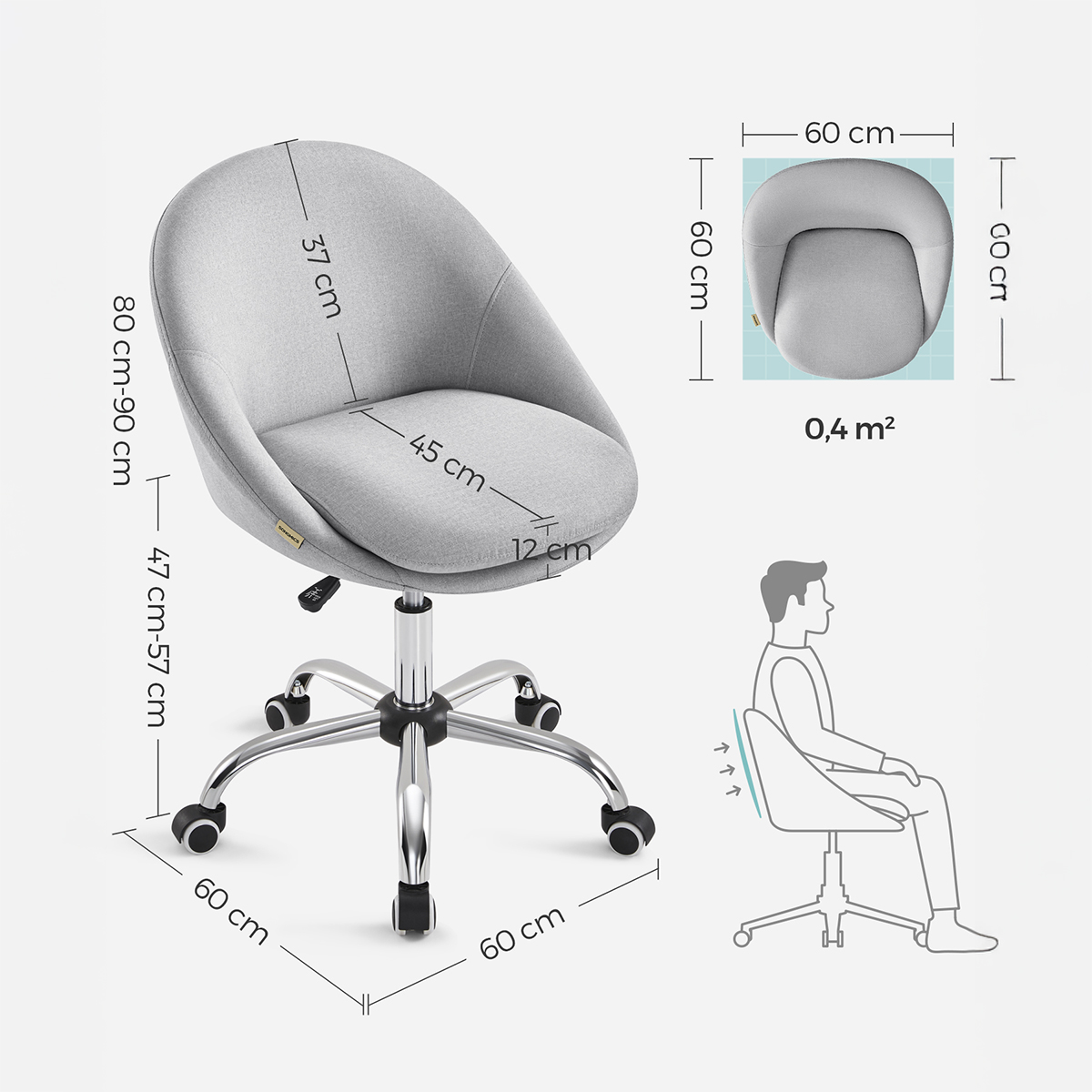 Lazava Swivel Office Chair, Slate Grey - Height-Adjustable Padded Seat with Curved Back