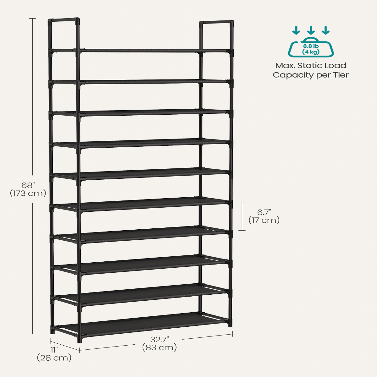 Lasa 10-Tier Wide Shoe Rack, Black - Holds up to 40 Pairs, Space-Saving Organiser