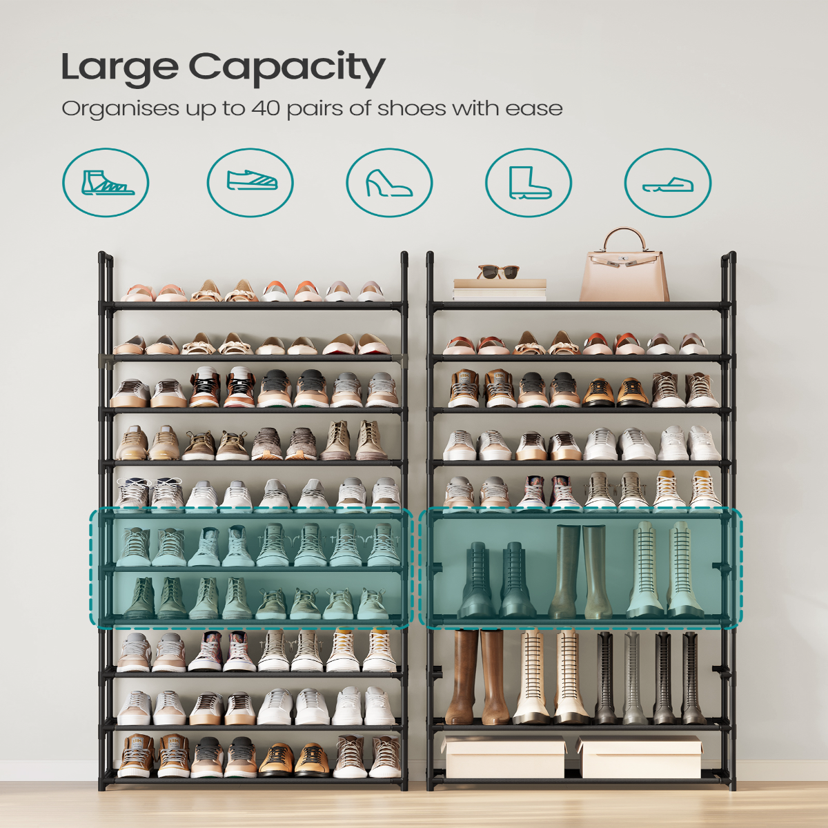 Lasa 10-Tier Wide Shoe Rack, Black - Holds up to 40 Pairs, Space-Saving Organiser