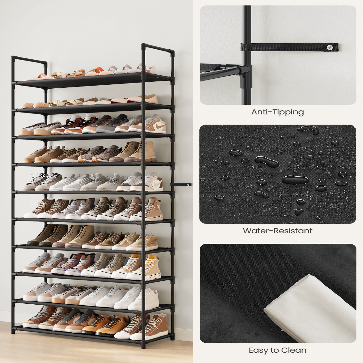 Lasa 10-Tier Wide Shoe Rack, Black - Holds up to 40 Pairs, Space-Saving Organiser