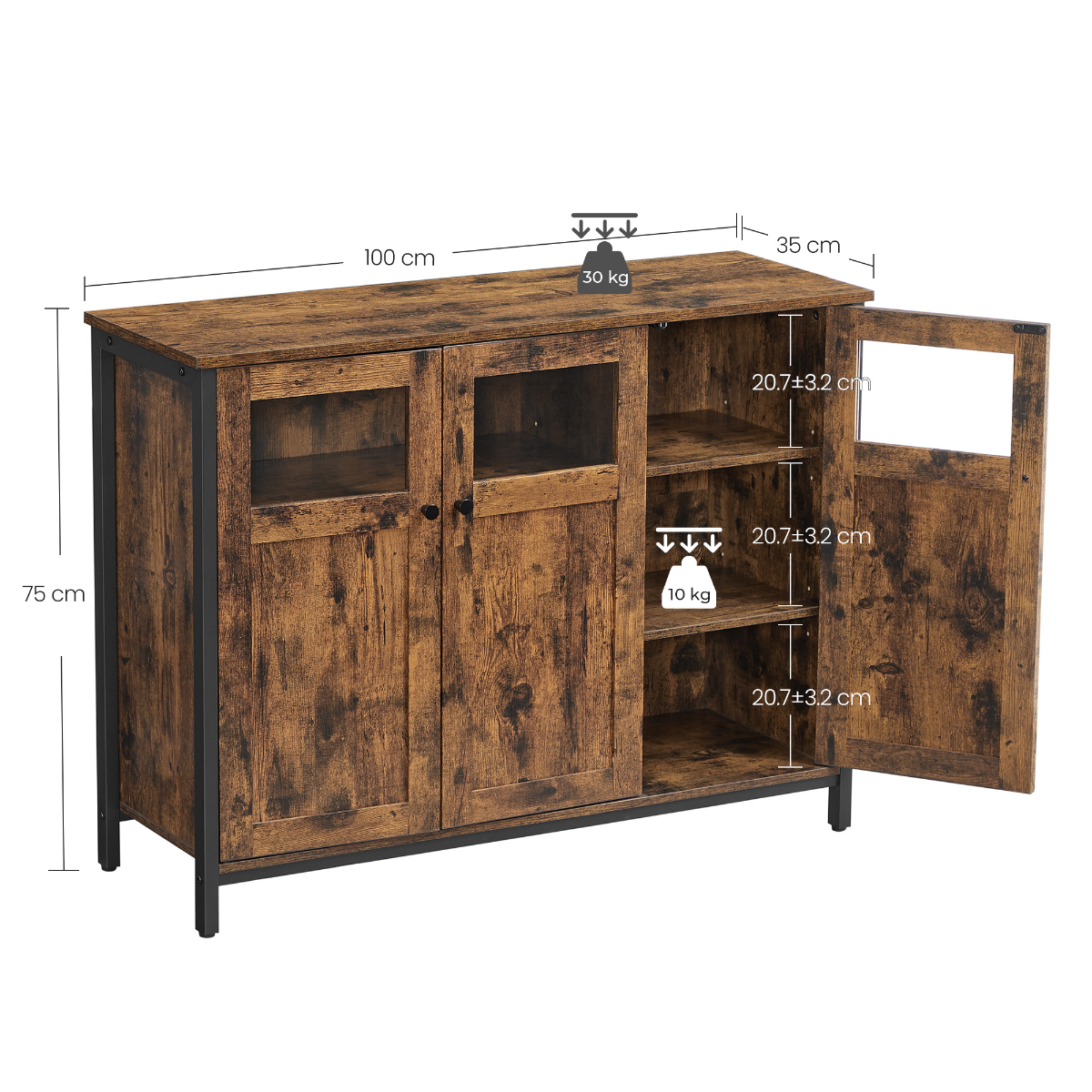 Lazava Industrial Sideboard with 3 Doors, Rustic Brown & Black - Steel Frame, Adjustable Shelves