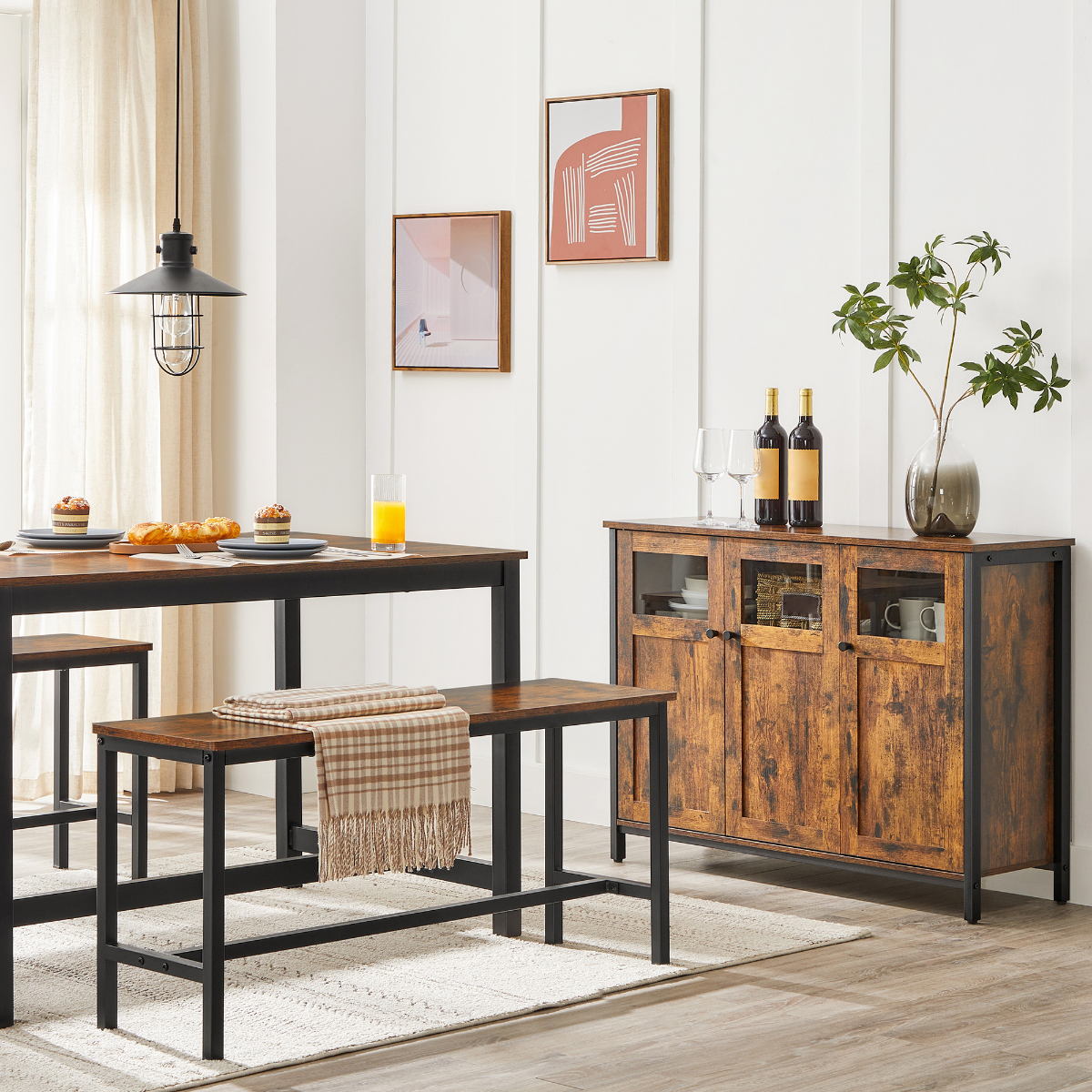 Lazava Industrial Sideboard with 3 Doors, Rustic Brown & Black - Steel Frame, Adjustable Shelves