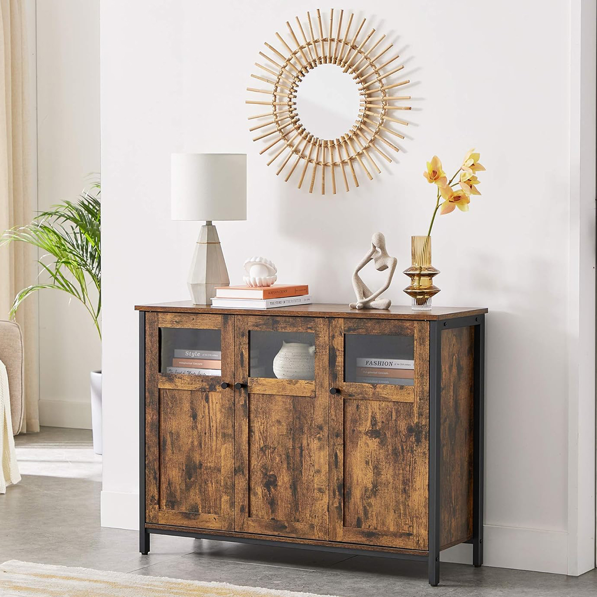 Lazava Industrial Sideboard with 3 Doors, Rustic Brown & Black - Steel Frame, Adjustable Shelves