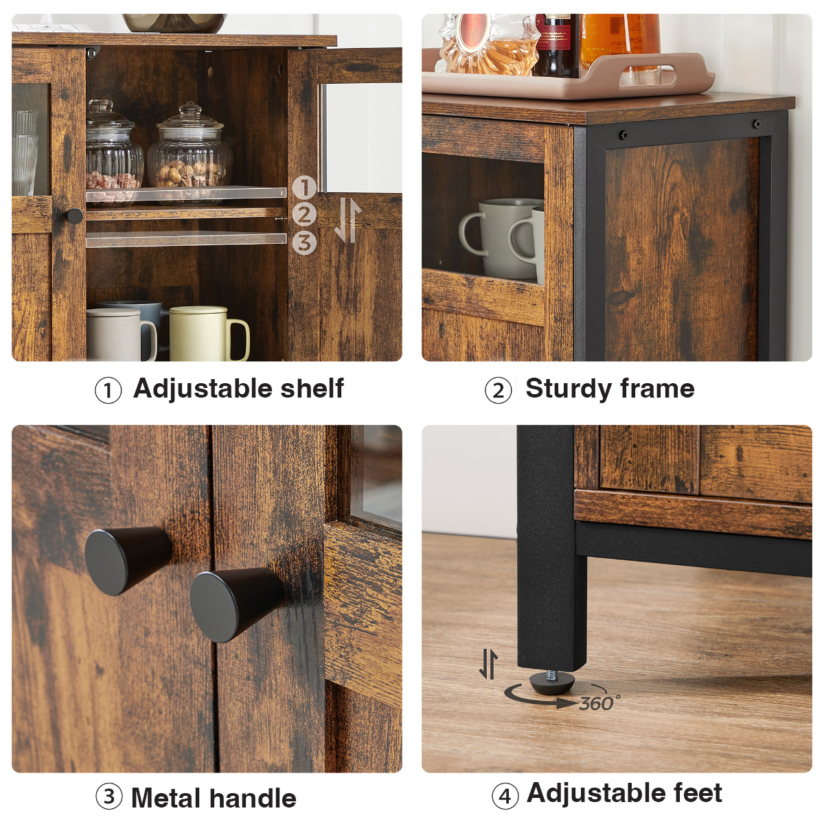 Lazava Industrial Sideboard with 3 Doors, Rustic Brown & Black - Steel Frame, Adjustable Shelves