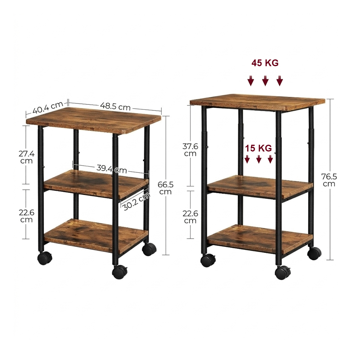 Lazava 3-Tier Mobile Printer Stand with Locking Wheels - Rustic Wood-Effect Office Storage Cart