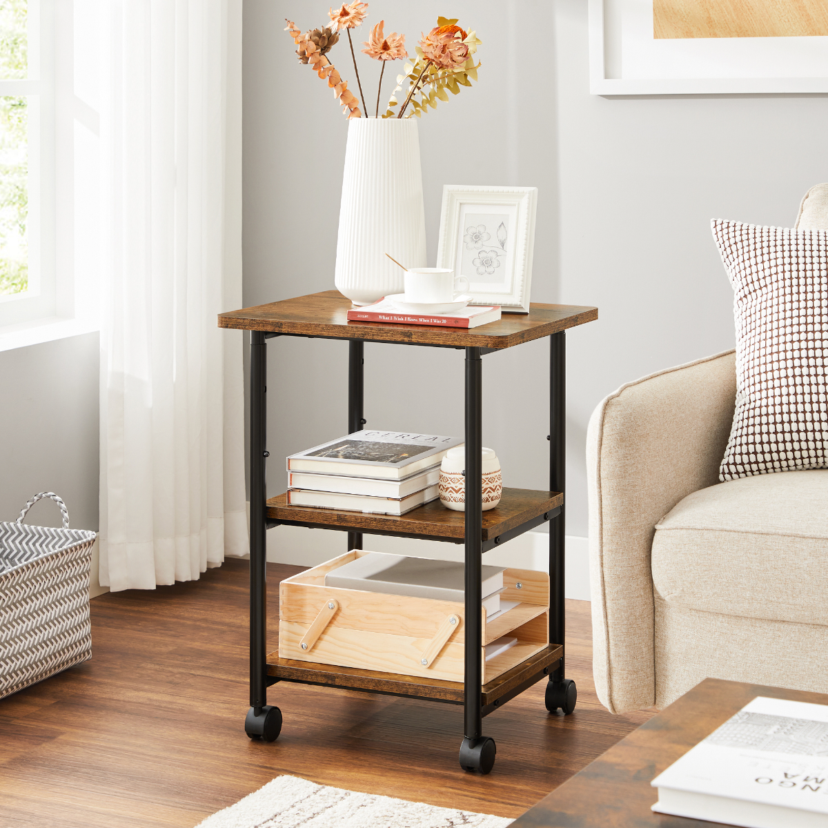 Lazava 3-Tier Mobile Printer Stand with Locking Wheels - Rustic Wood-Effect Office Storage Cart