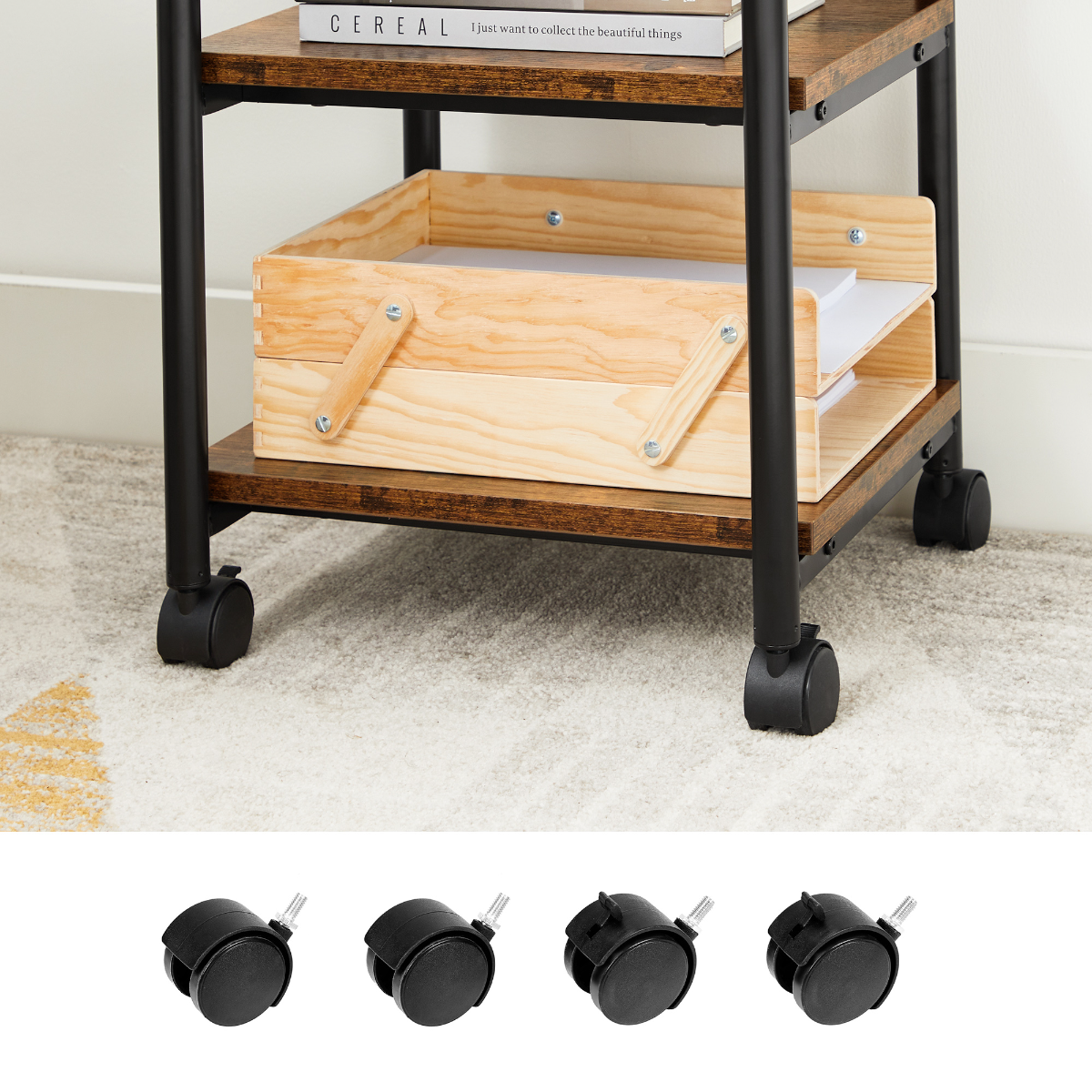 Lazava 3-Tier Mobile Printer Stand with Locking Wheels - Rustic Wood-Effect Office Storage Cart