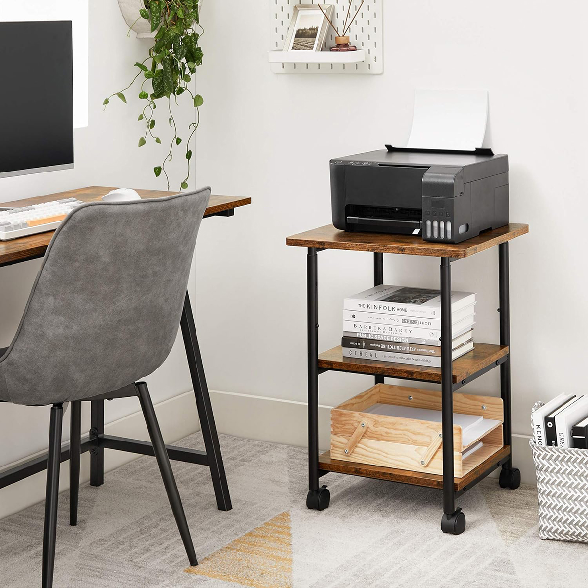 Lazava 3-Tier Mobile Printer Stand with Locking Wheels - Rustic Wood-Effect Office Storage Cart
