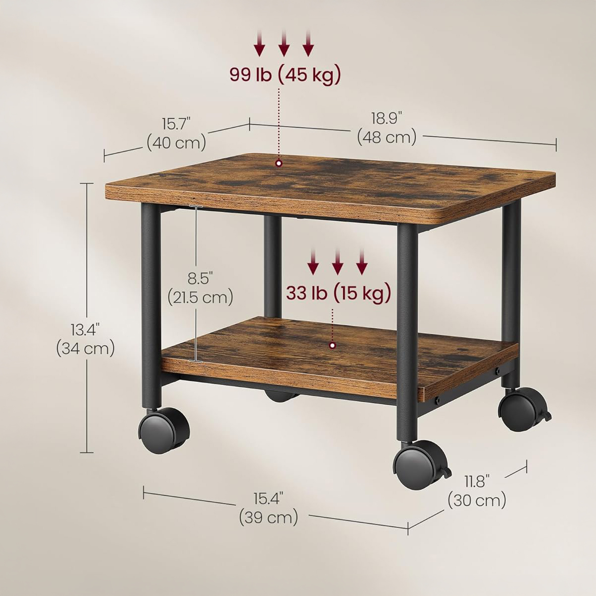 Lazava 2-Tier Low Mobile Printer Cart with Locking Wheels - Rustic Wood-Effect Office Stand