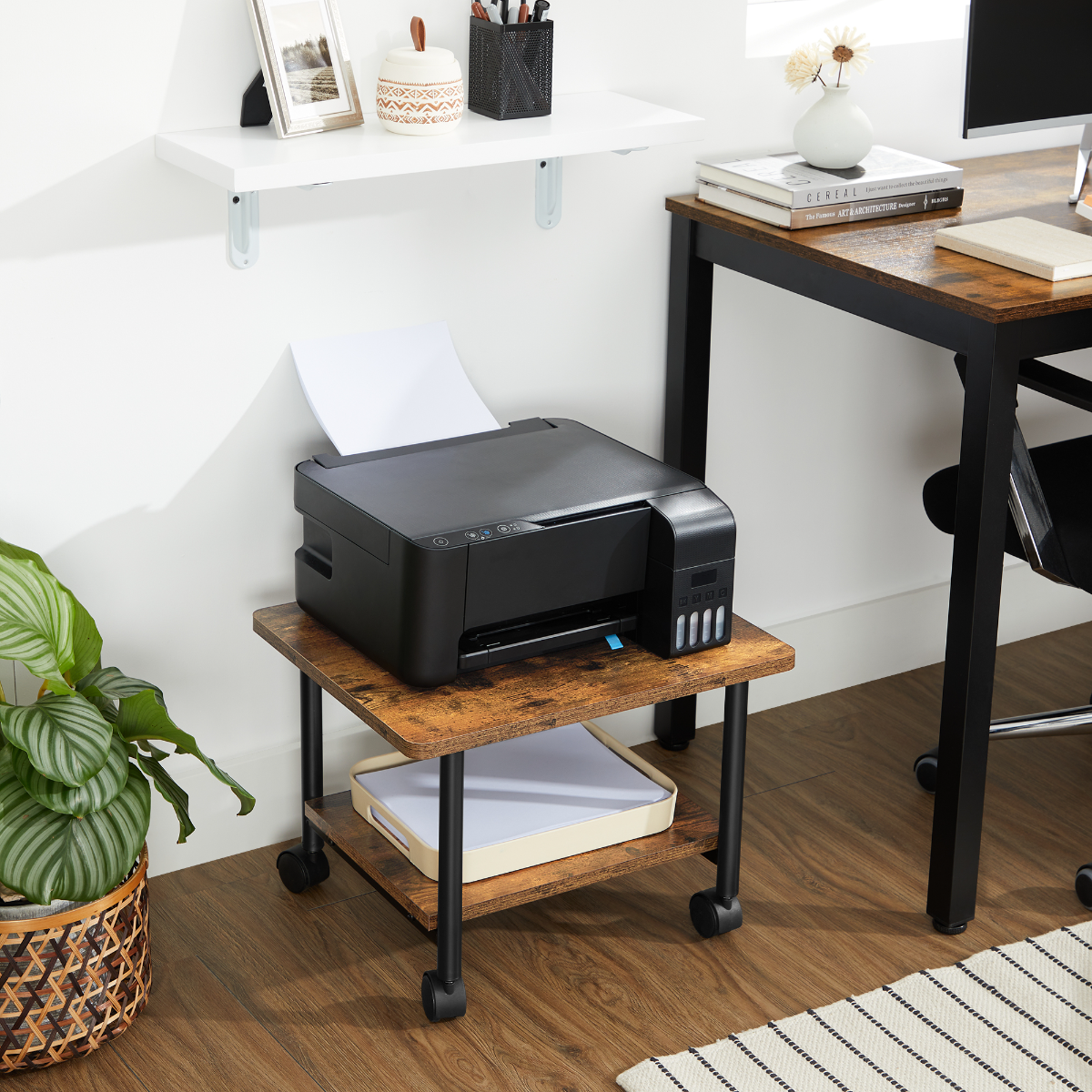 Lazava 2-Tier Low Mobile Printer Cart with Locking Wheels - Rustic Wood-Effect Office Stand