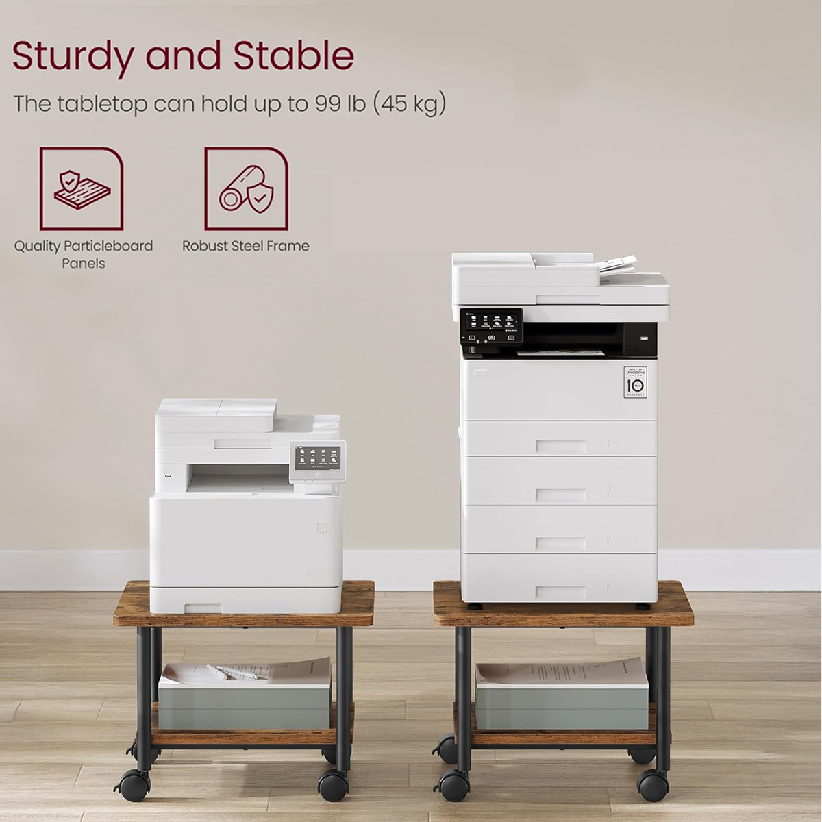 Lazava 2-Tier Low Mobile Printer Cart with Locking Wheels - Rustic Wood-Effect Office Stand