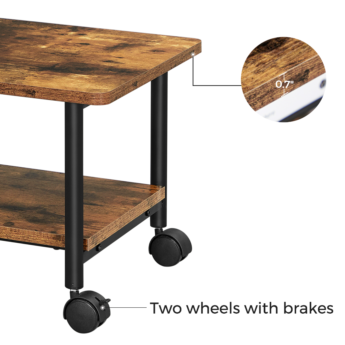 Lazava 2-Tier Low Mobile Printer Cart with Locking Wheels - Rustic Wood-Effect Office Stand