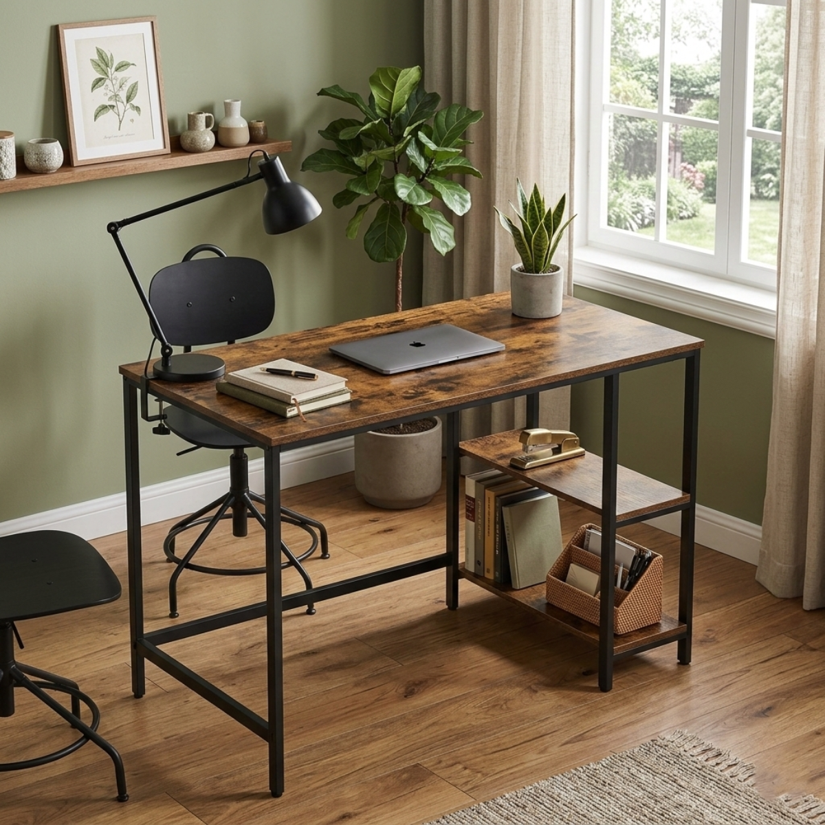 Lazava Modern Study Desk with Shelves - Brown and Black for Home Office or Bedroom
